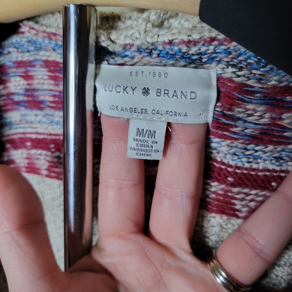 Lucky Brand Cream Red Southwestern Print Open Front Hooded Cardigan - Picture 5 of 8